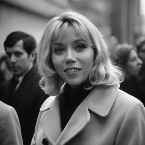 (a 40yo slightly smilling woman bmacr0n in a coat), blonde hair, 1960s period, monochrome analog film still photography, heavy film grain <lora:bmacr0n_001_SDXL1_ada-000017:1>