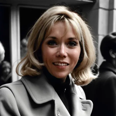 (a 40yo slightly smilling woman bmacr0n in a coat), blonde hair, 1960s period, monochrome analog film still photography, heavy grain, 8mm grain <lora:bmacr0n_001_SDXL1_ada-000017:1>