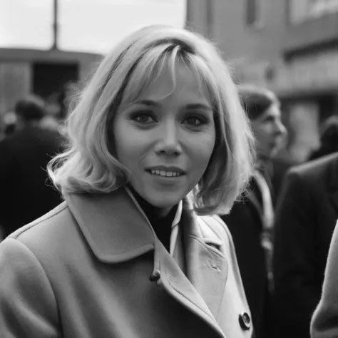 (a 40yo slightly smilling woman bmacr0n in a coat), blonde hair, 1960s period, monochrome analog film still photography, heavy film grain <lora:bmacr0n_001_SDXL1_ada-000017:1>