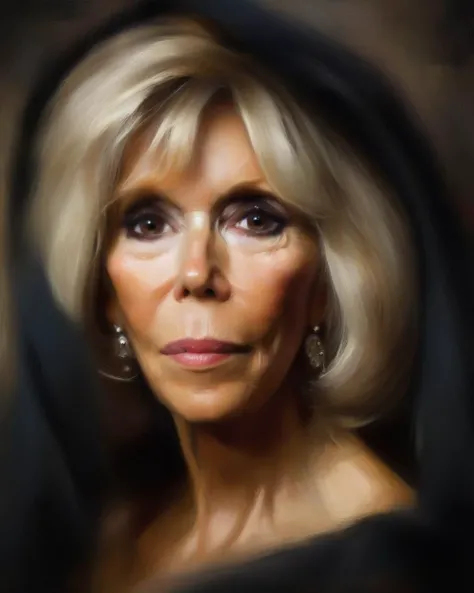 fuzzy oil painting, brush strokes, painting canvas texture, (bmacr0n 60 years old woman wearing a luxurious head dark veil:1.5), blonde hair, realistic eyes, rembrand lighting, clair obscure technique, by Rembrandt <lora:bmacr0n_001_SDXL1_ada-000017:1.1>