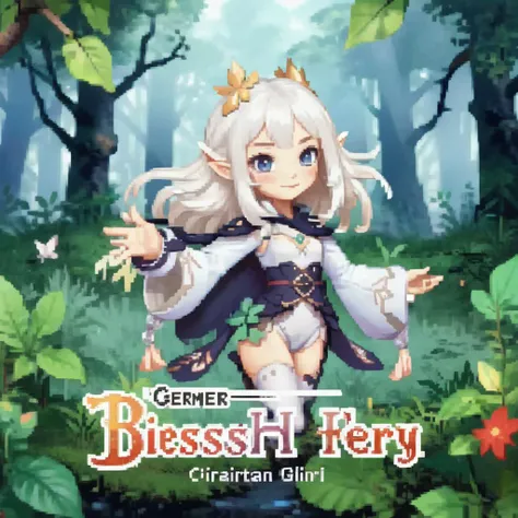Create an image in the style of a Japanese RPG game title screen featuring a whimsical <lora:xl_paimeng girl2:0.65> paimeng girl, Special clothing, white hair, with the game titled 'Genshin'. The elf girl is elegantly posed in an enchanting forest setting, surrounded by ethereal light and magical flora. The title 'Genshin' is prominently displayed in stylish, fantasy-themed typography. At the bottom of the screen, include the phrase 'Press Any Key' in inviting, glowing letters, enhancing the mystical and adventurous ambiance of the game.,<lora:gbaplay_title:0.75>,