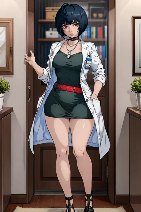 (masterpiece, best quality:1.2), 1girl, solo, looking at viewer, <lora:neversaint:0.95> neversaint, <lora:TaeTakemiV2:0.95> Tae Takemi, short hair, necklace, choker, labcoat, black dress, belt, short dress
