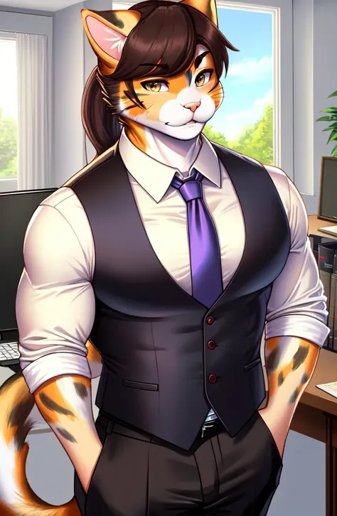 ((ultradetailed)), ((ultra high definition)), 1man, Large lean muscular (male_anthro_calico_cat:1.5), with long dark ponytail and dark hair, detailed alluring grey eyes, calico tail, (calico_fur:1.6), focus on eyes and face, wearing suit pants, corset vest over white blouse, tucked in necktie, rolled ups sleeves, ultradetailed office, cocky confident expression, digital painting