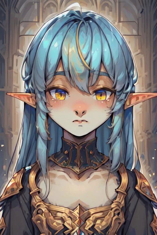 ASCII ((Lapanya)), human skintone, ((cute)), adult, ((blue hair, blonde undertones)), wavy hair, long hair, ((shy expression, neutral expression)), pointy ears, white armor, black underclothes,((3/4 view)), solo, close-up, ((flat chest, no breasts)):1.2, ((snout nose, medium nose, wedge shaped nose, small nostrils, nonhuman nose, straight septum, no philtrum)), ((3 fingers 1 thumb)):1.2, fully clothed, clean lines, highly detailed hands, highly detailed face, detailed nose, high quality, best quality, distinct fingers, snapshot, rating: safe
