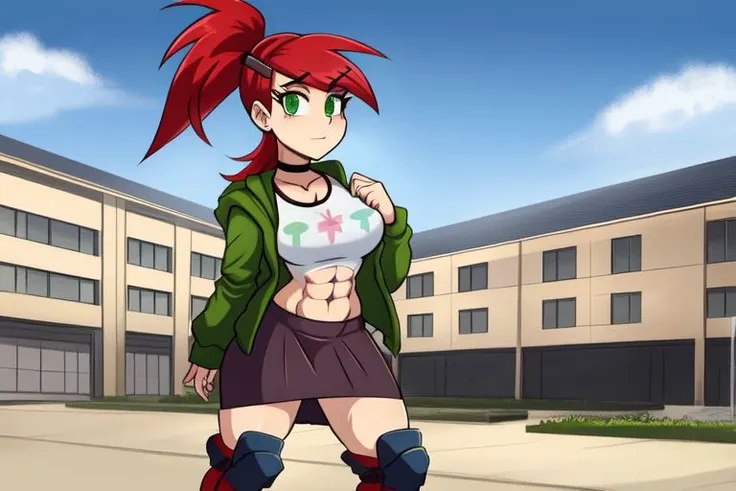 Frankie Foster, solo, busty, cleavage, ribbed abs, long red hair, Ponytail, Tech wear, choker, hairclip, hair ornament, shirt, green jacket, Piercing, midriff, skirt, Shin Guards, shoes, green eyes, standing up.