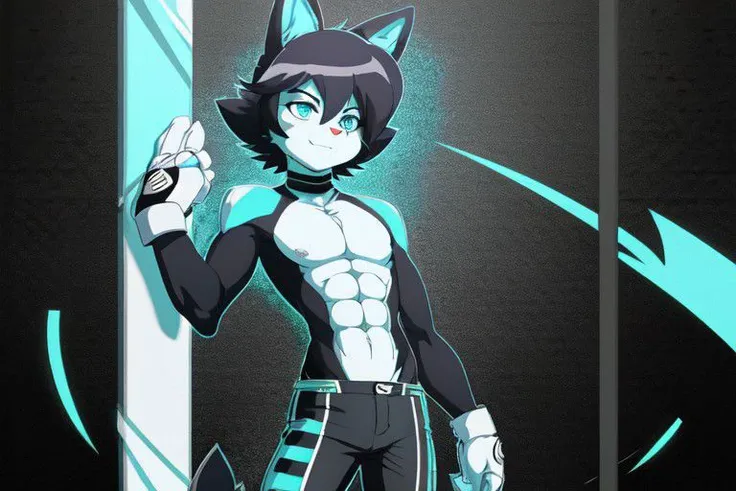 animedot, Male, male focus, solo, Ribbed abs, cyan eyes, fur trim, body fur, full body, anthro, furry, fingerless gloves, Techware, Black and white body suit, Pants, shin Guards, Standing up.
