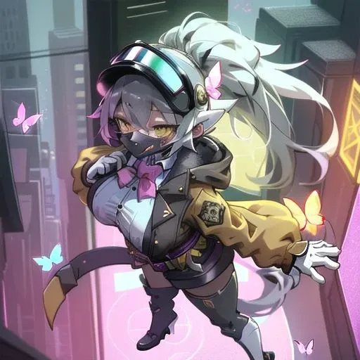 1girl, full body, below view, light skin, light smile, face mask, topwear black and yellow jacket, big breasts, green eyevisor, pink butterfly, bowtie, puffy armsleeves, golden straps, shortstack, short white gloves, down waist, golden yellow belt, round compass golden details, waist ribbon, coat tail, leather white and black shoes. Best quality, masterpiece, high res