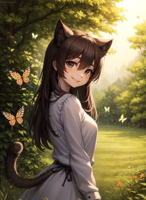 (grainy:0.7), (extremely detailed:1.2), (sharp:0.7), absurdres, (evening:1.2), natural lighting
BREAK
girl, cat ears, smiling,amused, (looking at butterfly:1.2), from side, messy medium hair
BREAK
forest background