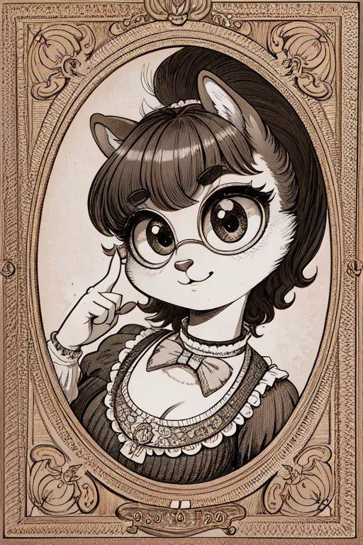 Beautiful Squirrel Furry, (vintage 1800s clothes:0.9), (large eyes:1.2), 5K resolution, (OverallDetail,) (Best Work:1.3), Masterpiece quality, vintage 1800s cartoon art style, (high resolution:1.2), fFaceDetail, (monochrome:0.8)