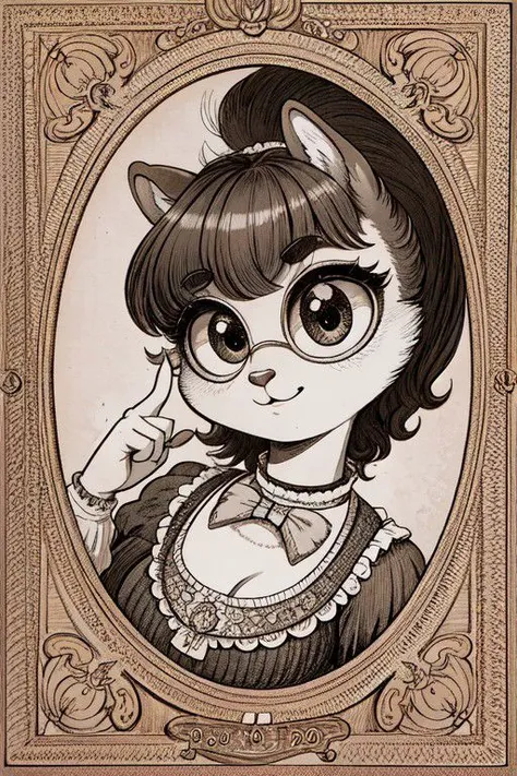 Beautiful Squirrel Furry, (vintage 1800s clothes:0.9), (large eyes:1.2), 5K resolution, (OverallDetail,) (Best Work:1.3), Masterpiece quality, vintage 1800s cartoon art style, (high resolution:1.2), fFaceDetail, (monochrome:0.8)