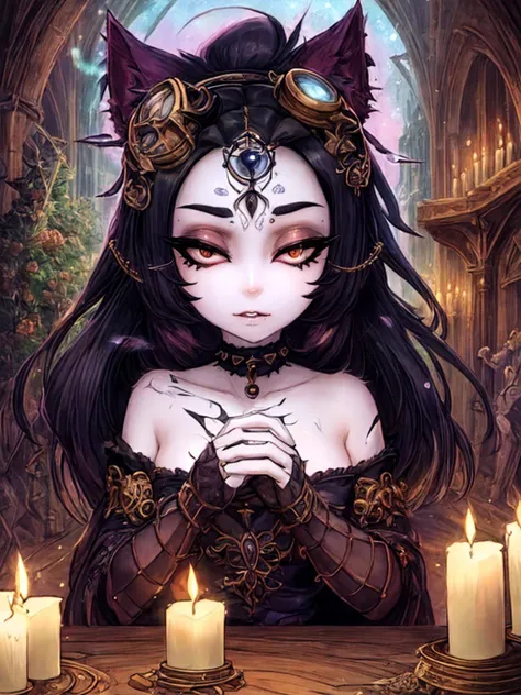 best quality, masterpiece, jp-GG1-800 1girl, portrait, looking down, solo, upper body, detailed background, (<lora:CreationMagic:0.6>, fragmented construct, creationmagic theme:1.1), witch hat, witch, (glowing eyes:1.1), hair flowing in the wind, green trimmed light colored clothes, casting spell, ruined castle background, whirlwind of glowing magic streams in the air, ethereal glow, updraft, witching hour, fog, mysterious atmosphere, <lora:detail_slider_v4:2>