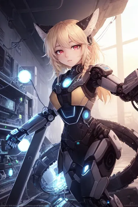 (best quality, masterpiece:1.2), 1 girl, adult (elven:0.7) woman, ruby eyes, blonde twin drills hair, portrait, solo, (full body:0.6), looking at viewer, detailed background, detailed face, (<lora:Atompunk v.3:0.6>, atompunk theme:1.1), android, cyborg, mechanical limbs, mechanical eyes, wires, cables, advanced technology, running, emotionless, sleek design, steel, nanotechnology, circuits, robotics, gears, powered by magic, holograms, particle effects, bright gray lights, wires in background, epic atmosphere,