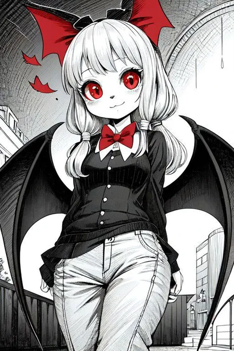Beautiful furry woman, bat wings, alluring clothes, small tail, (large eyes:1.2), (red eyes:1.2), (red bow:1.2), ), 5K resolution, (OverallDetail,) (Best Work:1.3), masterpiece quality, (monochrome:0.8), one piece art style, (hi res:1.2), fFaceDetail, (((fully clothed)))