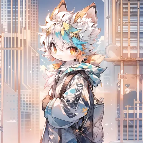 furry,(fur:0.7),<lora:cat:0.2>,<lora:furryLoraTest:0.6>,<lora:dargonfurryLora:0.4>,<lora:nijistyle-W-000011:0.5>,vivid color,
1girl,(bag:1.2),solo,backpack,white hair,orange eyes,from side,short hair,hair ornament,upper body,hood down,profile,gloves,jacket,coat,hood,messy hair,hairclip,<lora:add_detail:1>,