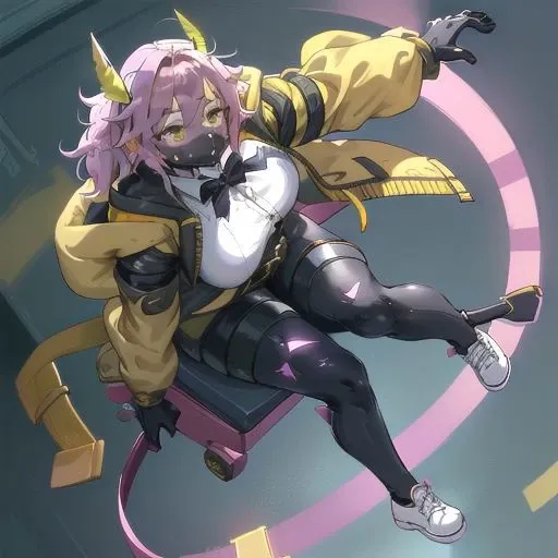 1girl, full body, below view, light skin, light smile, face mask, topwear black and yellow jacket, big breasts, green eyevisor, pink butterfly, bowtie, puffy armsleeves, golden straps, short white gloves, down waist, golden yellow belt, round compass golden details, waist ribbon, coat tail, leather white and black shoes. Best quality, masterpiece, high res