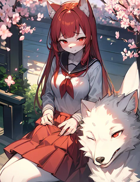 (furry:1.2), white fur, tail, white wolf ears
red school uniform, cute red skirt with white stripes, red eyes, red bangs, long hair,
 sit, looking at viewer, beautiful front view, pov,
 shy, embarrassed,  eyes halfway closed, blush, ultra detailed fur,
medium size breasts, 
beautiful lights and shadows, ambient light, ultra detailed fur, volumetric light, daylight, 
outside, blue sky, sunny day, spring, cherry blossom