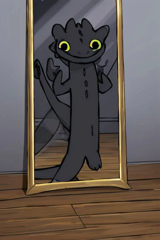 Toothless Dancing Meme, no humans, solo, in front of a mirror on a scuffed and worn wooden floor at night, colloidal, crepuscular lighting