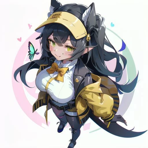 1girl, full body, below view, light skin, light smile, face mask, topwear black and yellow jacket, big breasts, green eyevisor, pink butterfly, bowtie, puffy armsleeves, golden straps, shortstack, short white gloves, down waist, golden yellow belt, round compass golden details, waist ribbon, coat tail, leather white and black shoes. Best quality, masterpiece, high res