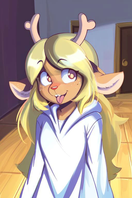 (<lora:noelle trigger:1>noelle, furry female anthro, blonde hair, deer girl, red deer nose, white eyes, white pupils, white robe, hooded robe), dumb face, tongue out, funny face, funny