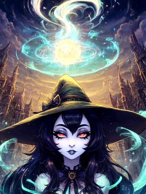 best quality, masterpiece, jp-GG1-800 1girl, portrait, looking down, solo, upper body, detailed background, (<lora:CreationMagic:0.6>, fragmented construct, creationmagic theme:1.1), witch hat, witch, (glowing eyes:1.1), hair flowing in the wind, green trimmed light colored clothes, casting spell, ruined castle background, whirlwind of glowing magic streams in the air, ethereal glow, updraft, witching hour, fog, mysterious atmosphere, <lora:detail_slider_v4:2>