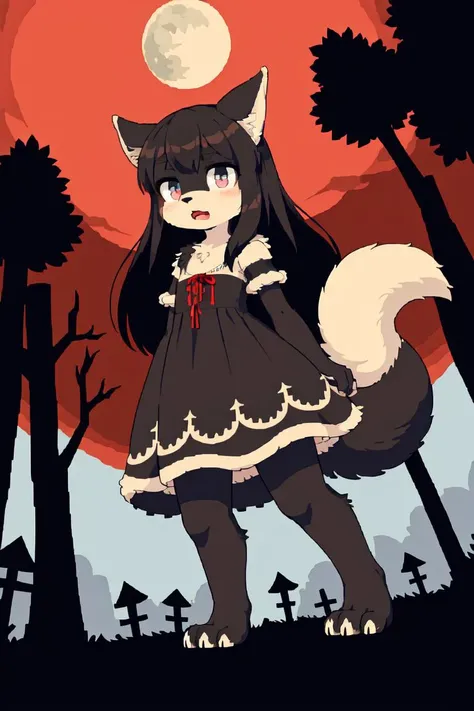 best quality, <lora:pixel_f2:0.4>, pixel, pixel art, detailed background, (detailed fur:1.4), detailed face, detailed eyes, female (furry:1.2) girl, (anthro:1.4), (wolf:1.3), black fur, fluffy body fur, (fluffy tail:1.3), long hair, flat chest, red elements, dress, (scared:1.1), forest, night, shadows, nightmare, ghosts, moon, low-angle view