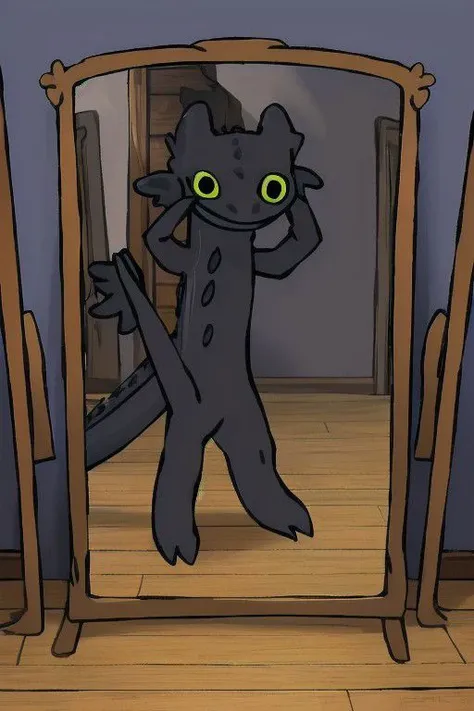 Toothless Dancing Meme, no humans, solo, in front of a mirror on a scuffed and worn wooden floor at night, colloidal, crepuscular lighting
