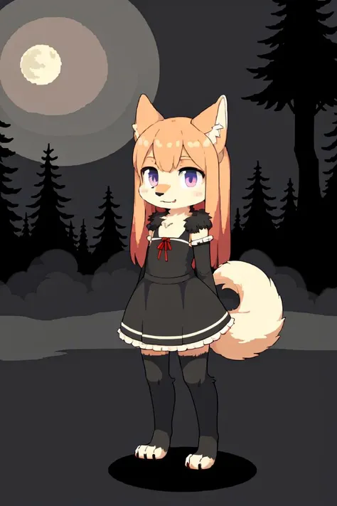best quality, <lora:pixel_f2:0.4>, pixel, pixel art, detailed background, (detailed fur:1.4), detailed face, detailed eyes, full body, female (furry:1.2) girl, (anthro:1.4), (wolf:1.3), black fur, fluffy body fur, (fluffy tail:1.3), long hair, flat chest, red elements, dress, forest, moon, nighttime, darkness, dark, shadows, high contrast, foggy, fog