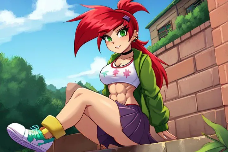 Frankie Foster, busty, cleavage, ribbed abs, long hair, Ponytail, choker, hairclip, hair ornament, shirt, green jacket, Piercing, midriff, skirt, Shin Guards, shoes, green eyes.