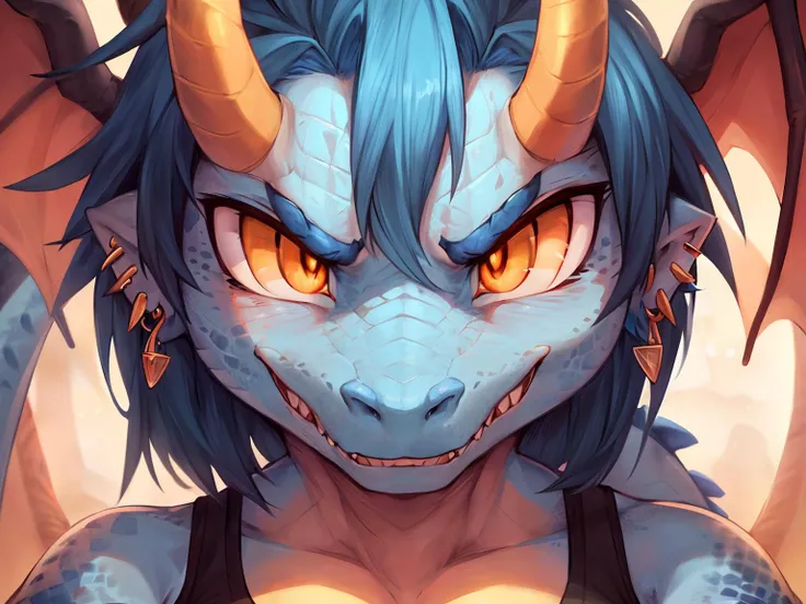 (solo), (facial closeup:1.5), (high resolution, masterpiece, detailed), cowboy_shot, blue dragonborn, scalie, blue scales, <lora:dragonborn_offset:0.6>, female, tail, medium length messy blue hair, muscular, earrings, horns, jewelry, breasts, orange eyes, dragon horns, dragon wings, angry face,
black tank top,
looking at viewer, arid background