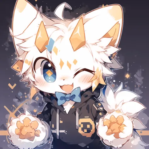 (pixel art:1.2),furry,(fur:0.7),<lora:furryLoraTest:0.6>,<lora:dargonfurryLora:0.4>,<lora:cat:0.2>,vivid color,hoodie,ahoge,<lora:Sy3:0.5>,smile,close up,one eye open,bowtie,cat paws,