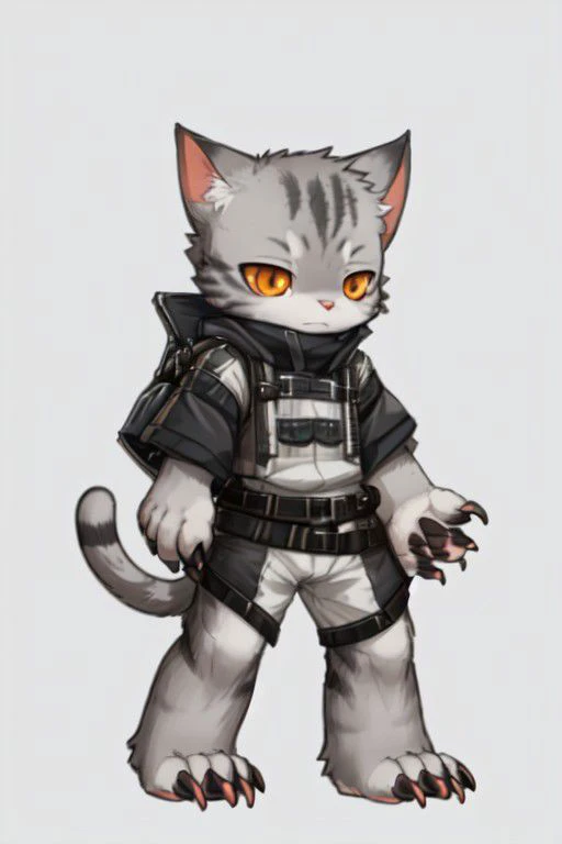 masterpiece, best_quality, highres, ultra-detailed, clothed, (male anthro cat), bipedal, orange eyes, standing, solo, short, chibi, full body, metallic textures, white and gray tones, :3, focused gaze, (front view), blank background, [white background], detailed pupils, (digitgrade, toe claw), (kemono), dim environment, shaded texture, (realistic anime cat)