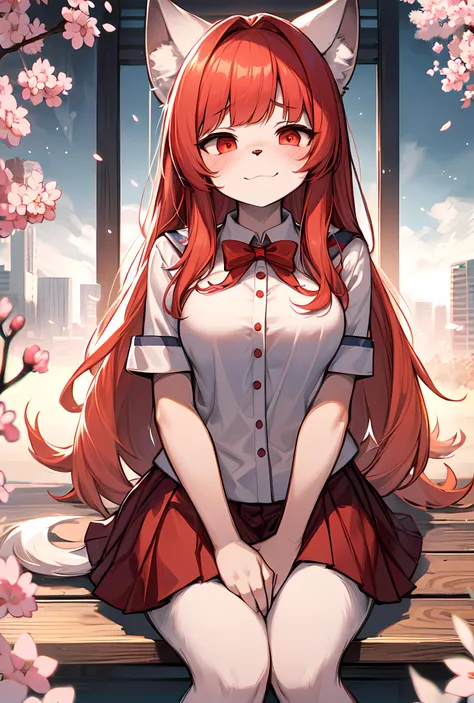 (furry:1.2), white fur, tail, white wolf ears
red school uniform, cute red skirt with white stripes, red eyes, red bangs, long hair,
sit, looking at viewer, beautiful front view, pov,
shy, embarrassed, eyes halfway closed, blush, ultra detailed fur,
medium size breasts,
beautiful lights and shadows, ambient light, ultra detailed fur, volumetric light, daylight,
outside, blue sky, sunny day, spring, cherry blossom