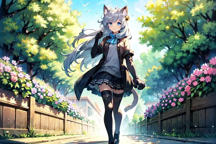 original, (masterpiece), (illustration), (extremely fine and beautiful), perfect detailed, photorealistic, (beautiful and clear background:1.25), (depth of field:0.7), (1 cute girl with (cat ear and cat tail:1.2) stands in the garden:1.1), (cute:1.35), (detailed beautiful eyes:1.3), (beautiful face:1.3), casual, silver hair, silver ear, (blue hair:0.8), (blue ear:0.8), long hair, coat, short skirt, hair blowing with the wind, (blue eye:1.2), flowers, (little girl:0.65), butterflys flying around <lora:IllyaBeastCosplay:0.2>, illyabeast cosplay, cat ears, animal hands, paw gloves, elbow gloves, hair bell, black thighhighs, ribbon, paw shoes, (yuri),