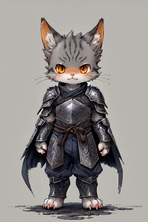 clothed, (male anthro cat), bipedal, orange eyes, standing, solo, ((detailed scale texture)), small, short, chibi, tiny, wearing dark blue cape, grey fur,  (shoulder armor, leg armor),   metallic textures, white and gray tones, :3, focused gaze, (front view), looking pleasured, blank background, detailed pupils, masterpiece artwork,  solo portrait, (digitgrade, toe claw), (kemono), black gambeson,