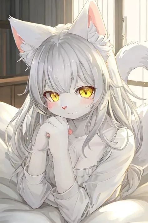 Anime girl with long white hair laying on a bed with a cat ears - SeaArt AI