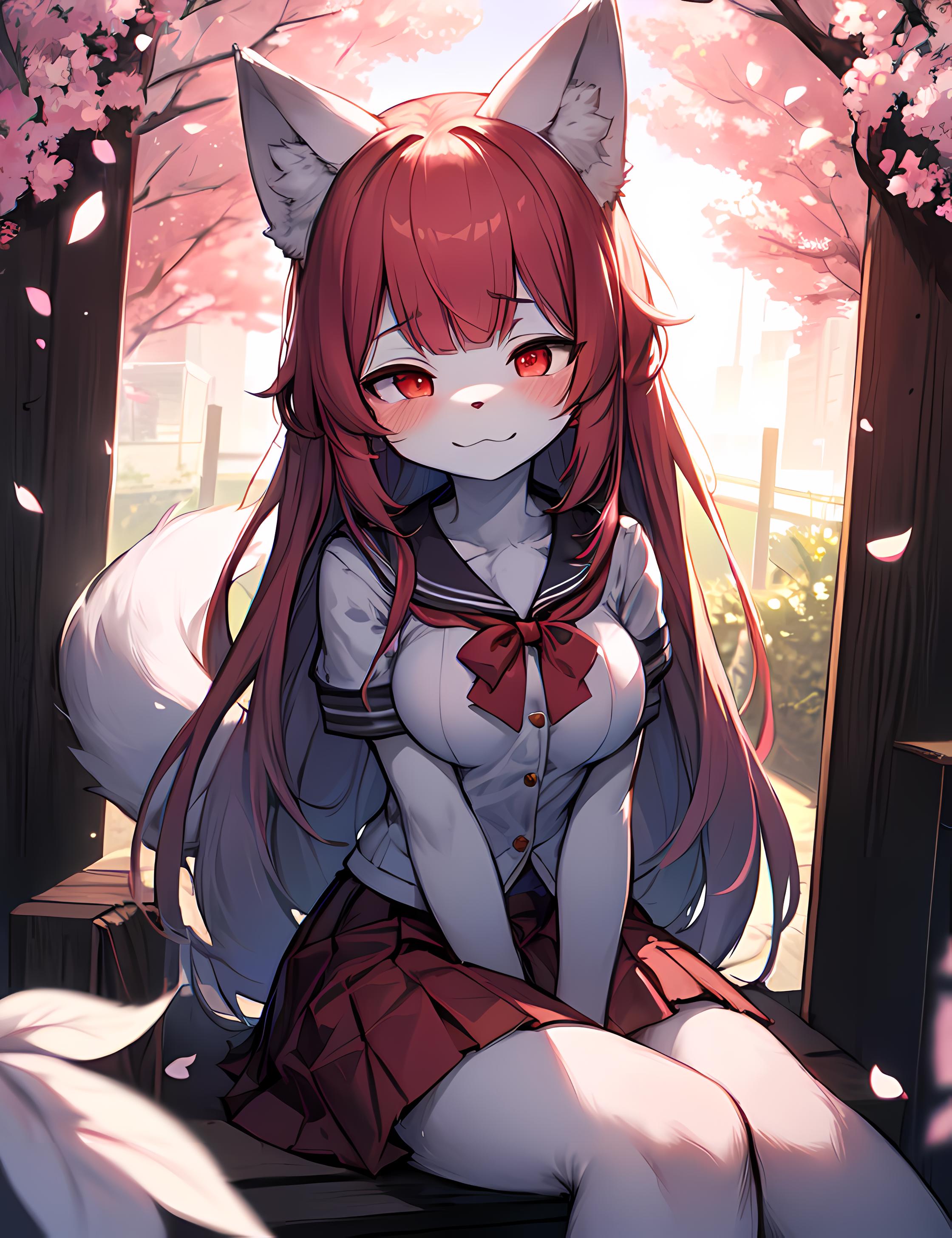 Anime girl with red hair and a cat ears sitting on a bench - SeaArt AI