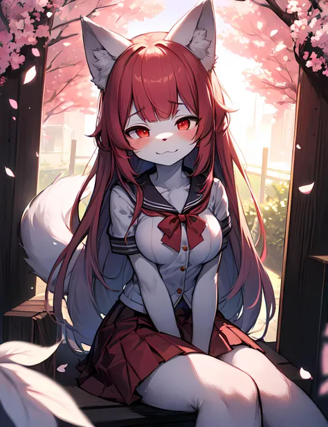 (furry:1.2), white fur, tail, white wolf ears
red school uniform, cute red skirt with white stripes, red eyes, red bangs, long hair,
sit, looking at viewer, beautiful front view, pov,
shy, embarrassed, eyes halfway closed, blush, ultra detailed fur,
medium size breasts,
beautiful lights and shadows, ambient light, ultra detailed fur, volumetric light, daylight,
outside, blue sky, sunny day, spring, cherry blossom