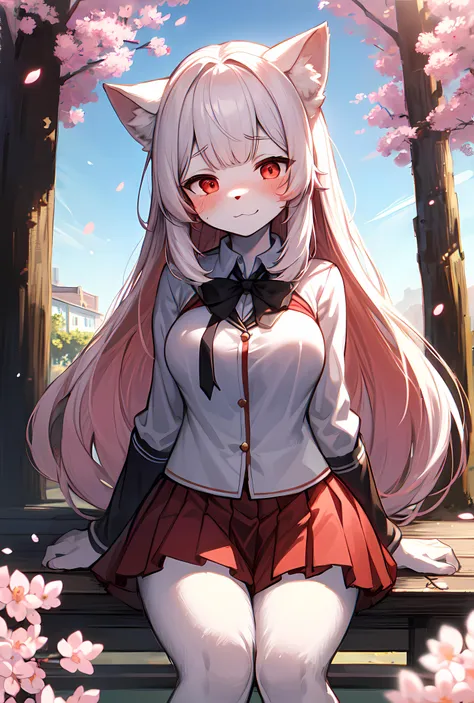 (furry:1.2), white fur, tail, white wolf ears
red school uniform, cute red skirt with white stripes, red eyes, red bangs, long hair,
sit, looking at viewer, beautiful front view, pov,
shy, embarrassed, eyes halfway closed, blush, ultra detailed fur,
medium size breasts,
beautiful lights and shadows, ambient light, ultra detailed fur, volumetric light, daylight,
outside, blue sky, sunny day, spring, cherry blossom