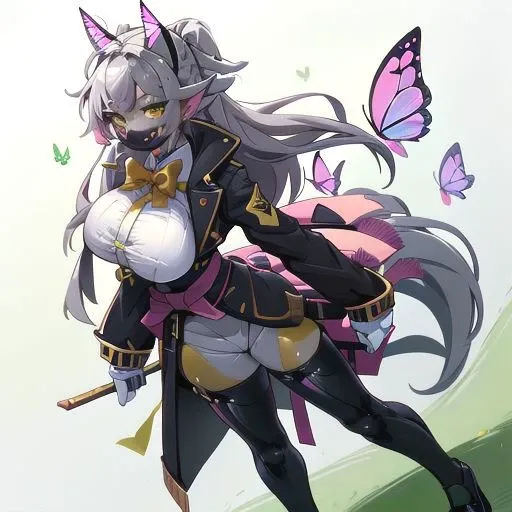 1girl, full body, below view, light skin, light smile, face mask, topwear black and yellow jacket, big breasts, green eyes, pink butterfly, bowtie, puffy armsleeves, golden straps, short white gloves, down waist, golden yellow belt, round compass golden details, waist ribbon, coat tail, leather white and black shoes. Best quality, masterpiece, high res