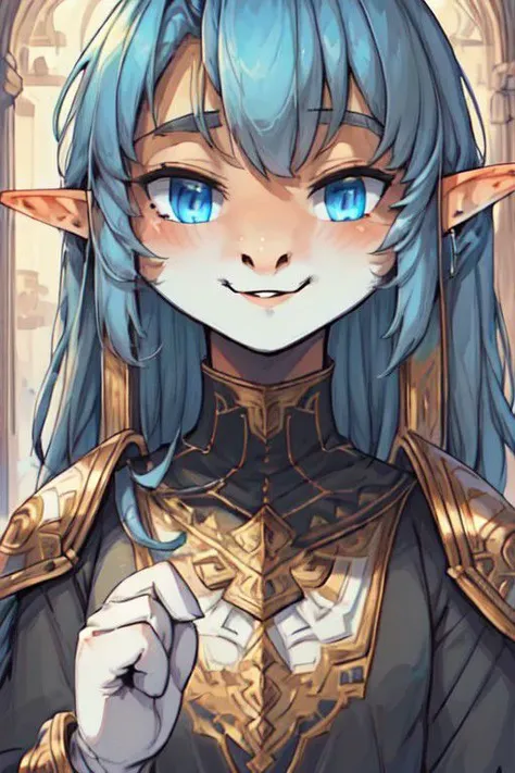 ((Lapanya)), human skintone, ((cute)), young adult, ((blue hair, blonde undertones)), wavy hair, long hair, blue eyes, ((shy expression, smiling)), pointy ears, white armor, black underclothes,((3/4 view)), solo, close-up, ((flat chest, no breasts)):1.2, black shirt, ((snout nose, medium nose, wedge shaped nose, small nostrils, nonhuman nose, straight septum, no philtrum)), ((3 fingers 1 thumb)):1.2, fully clothed, clean lines, highly detailed hands, highly detailed face, detailed nose, high quality, best quality, distinct fingers, snapshot, rating: safe