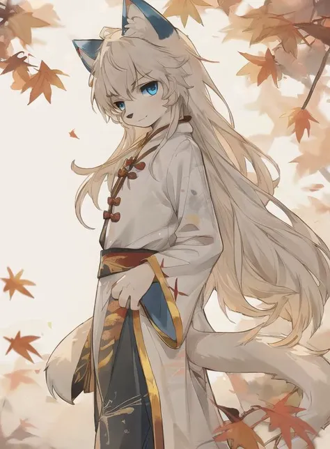 <lora:JW3:0.6>,jw3,<lora:tclz_20230816114745:0.7>,(1boy:1.2),male focus,solo,animal ears,long hair,blue eyes,(furry:1.2),tail,furry male,white fur,looking at viewer,
china_dress,chinese_style,maple_leaf_print,fine_fabric_emphasis,cross-laced_clothes,spandex,depth of field,against backlight at dusk,