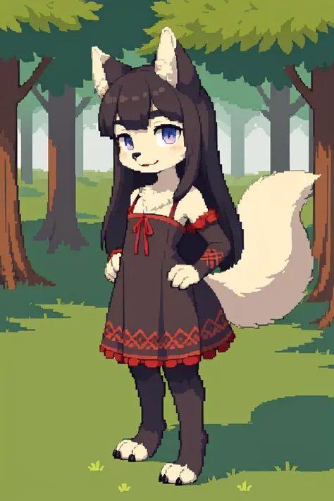 best quality, <lora:pixel_f2:0.4>, pixel, pixel art, detailed background, (detailed fur:1.4), detailed face, detailed eyes, female (furry:1.2) girl, (anthro:1.4), (wolf:1.3), black fur, fluffy body fur, (fluffy tail:1.3), long hair, flat chest, red elements, dress, forest