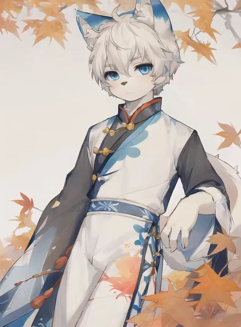 <lora:JW3:1>,jw3,<lora:tclz_20230816114745:0.7>,(1boy:1.2),male focus,solo,animal ears,blue eyes,(furry:1.2),tail,furry male,white fur,looking at viewer,short hair,
china_dress,chinese_style,maple_leaf_print,fine_fabric_emphasis,cross-laced_clothes,spandex,