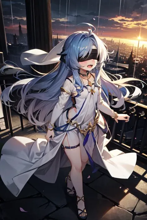 1girl, solo, multicolored hair, ((gradient hair), white+(gold)+(blue:0.5) hair//), very long hair, messy+dishevled hair, two colored hair, streaked hair, bangs, 1fang, fangs, :o, Open Mouth With Cute Fangs Out, masterpiece, best quality, Thick Layered Medium Twintail Hair, Blush outside:1.4, in the background magestic+fantastic ancient cityscape, (Highest Quality, Amazing Details:1.4), Masterpiece, Bloom, Picturesque, <lora:outfit-sword_maiden-pynoise:0.9> outfit-bladenun,blindfold:1.1, habit, blindfolded, black blindfold, wet, rain in the background,walking:1.4 outside in the rain, view from above:1.2, <lora:LowRA:0.6>