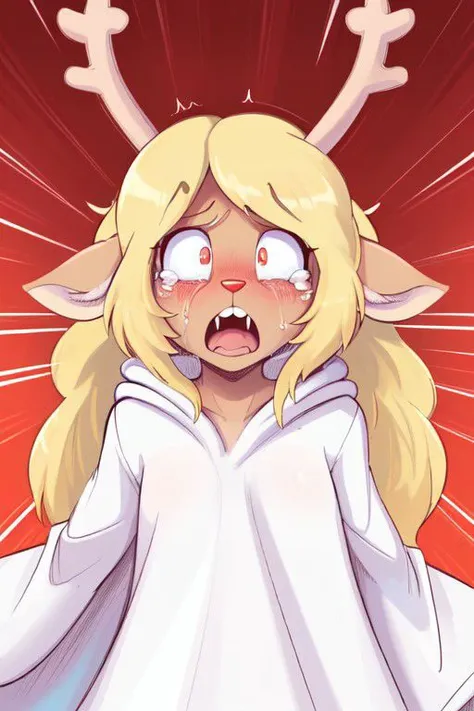 (<lora:noelle trigger:1>noelle, furry female anthro, blonde hair, deer girl, red deer nose, white eyes, white pupils, white robe, hooded robe), angry, screaming, tears,