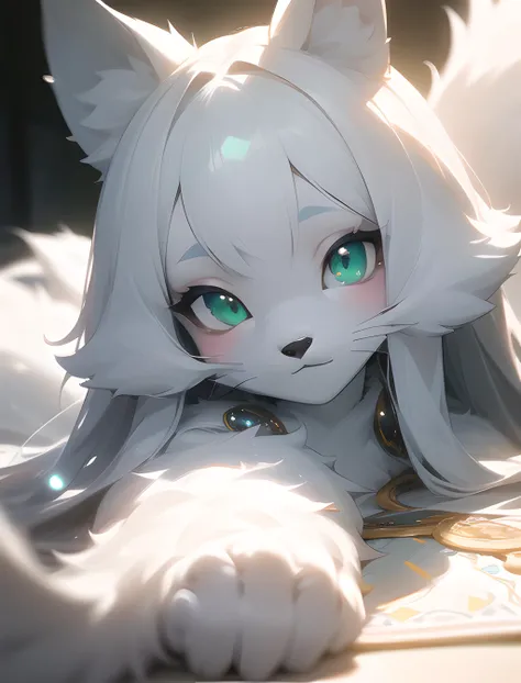 furry,beautiful lights and shadows, ambient light, ultra detailed fur, volumetic light furry, (white fur 0.8), ultra cute face,green elements on fur,best quality,highly detailed,artbook,masterpiece,an extremely delicate and beautiful,long hair,adorable girl,cute,eyes like jewels,depth of field,Light and shadow detail