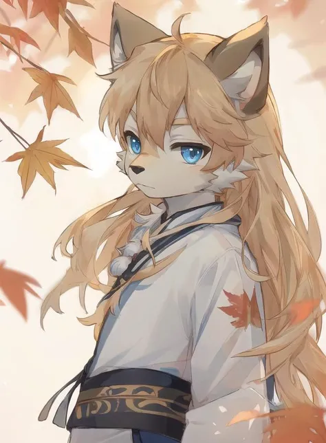 <lora:JW3:0.6>,jw3,<lora:tclz_20230816114745:0.7>,(1boy:1.2),male focus,solo,animal ears,long hair,blue eyes,(furry:1.2),tail,furry male,white fur,looking at viewer,
china_dress,chinese_style,maple_leaf_print,fine_fabric_emphasis,cross-laced_clothes,spandex,depth of field,against backlight at dusk,