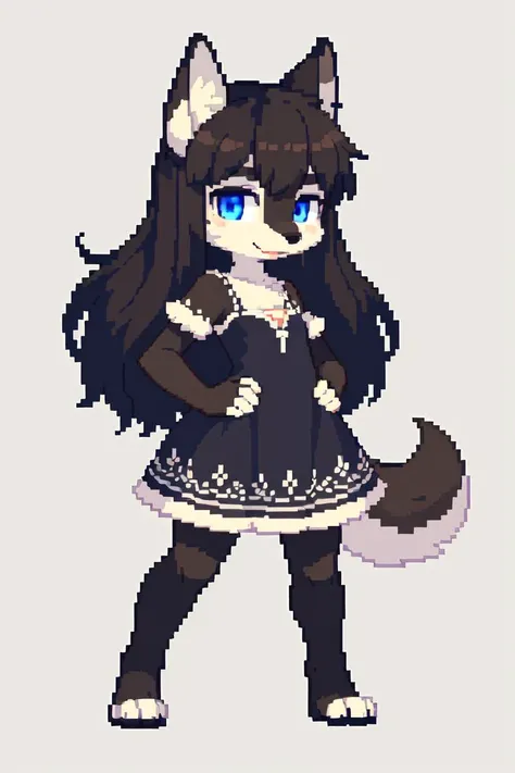 best quality, <lora:pixel_f2:0.4>, pixel, pixel art, (detailed fur:1.4), detailed face, detailed eyes, full body, female (furry:1.2) girl, (anthro:1.4), (wolf:1.3), black fur, brown fur, fluffy body fur, (fluffy tail:1.3), long hair, flat chest, dress, standing, pose