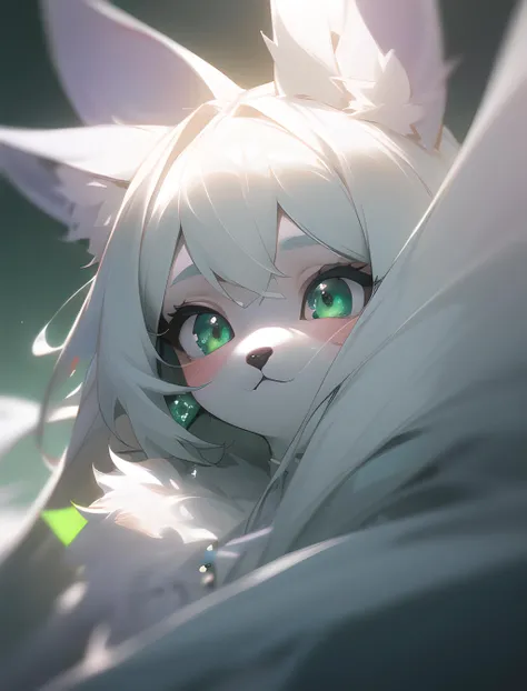 furry,beautiful lights and shadows, ambient light, ultra detailed fur, volumetic light furry, (white fur 0.8), ultra cute face,green elements on fur,best quality,highly detailed,artbook,masterpiece,an extremely delicate and beautiful,long hair,adorable girl,cute,eyes like jewels,depth of field,Light and shadow detail