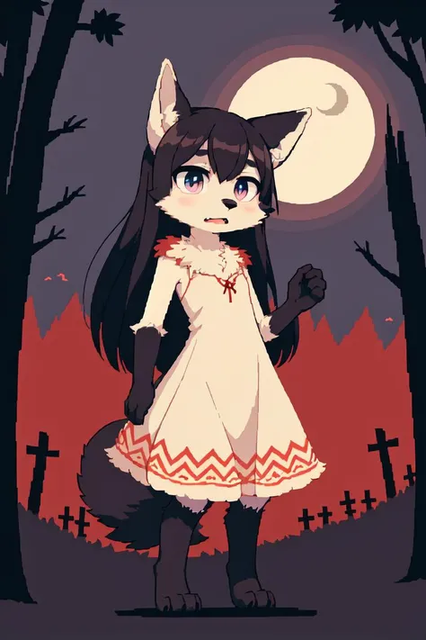 best quality, <lora:pixel_f2:0.4>, pixel, pixel art, detailed background, (detailed fur:1.4), detailed face, detailed eyes, female (furry:1.2) girl, (anthro:1.4), (wolf:1.3), black fur, fluffy body fur, (fluffy tail:1.3), long hair, flat chest, red elements, dress, (scared:1.1), forest, night, shadows, nightmare, ghosts, moon, low-angle view